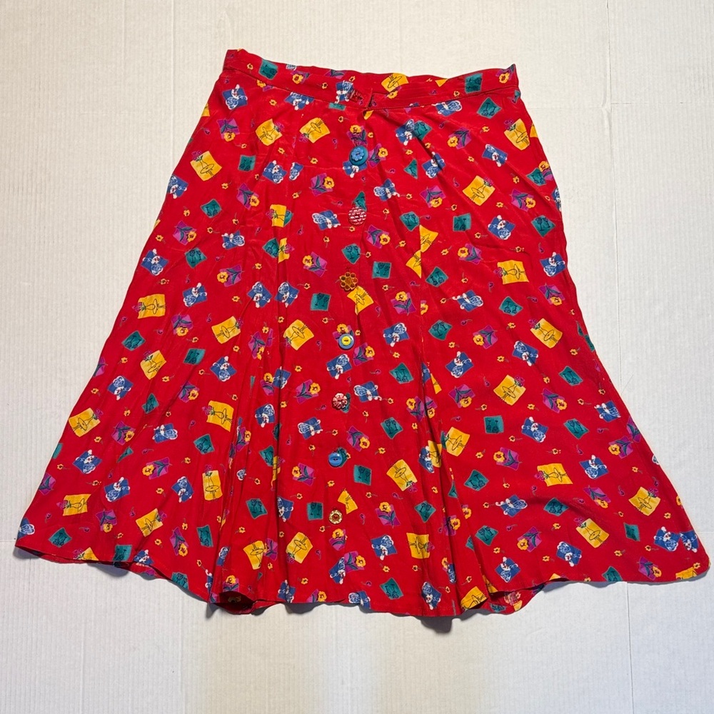 JANICE McCARTY Vintage Red Midi Skirt Cafe Novelty Print Eclectic Buttons M‎